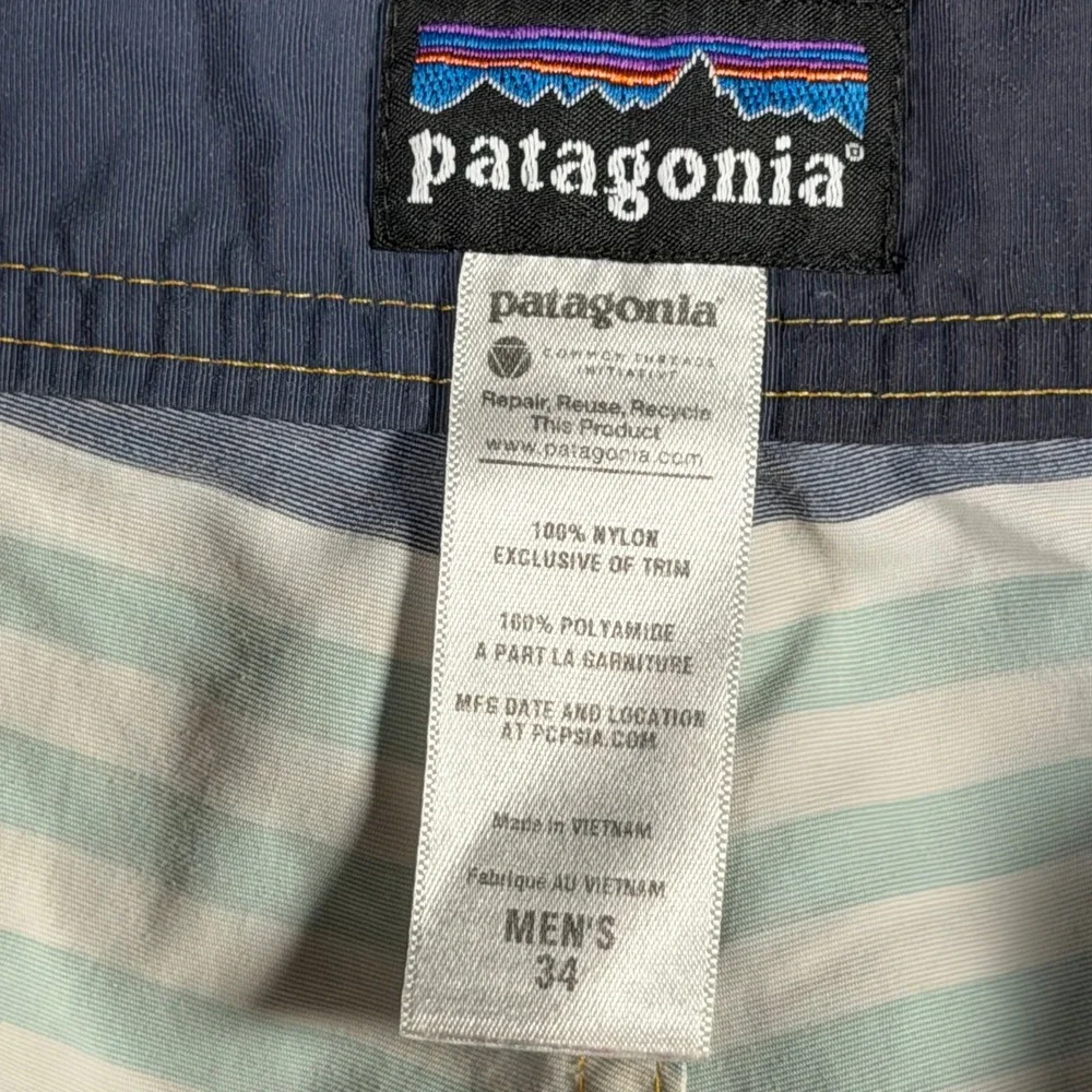 Patagonia Mens Striped Board Shorts Size 34 Yellow Navy Blue‎ Swim Trunks 86556